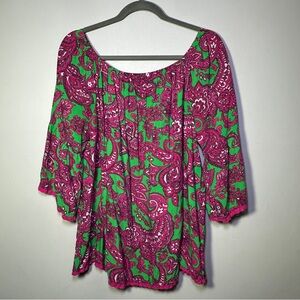 Crown & Ivy Boho Paisley Peasant Green Pink Top Resort Festival Vacation Preppy